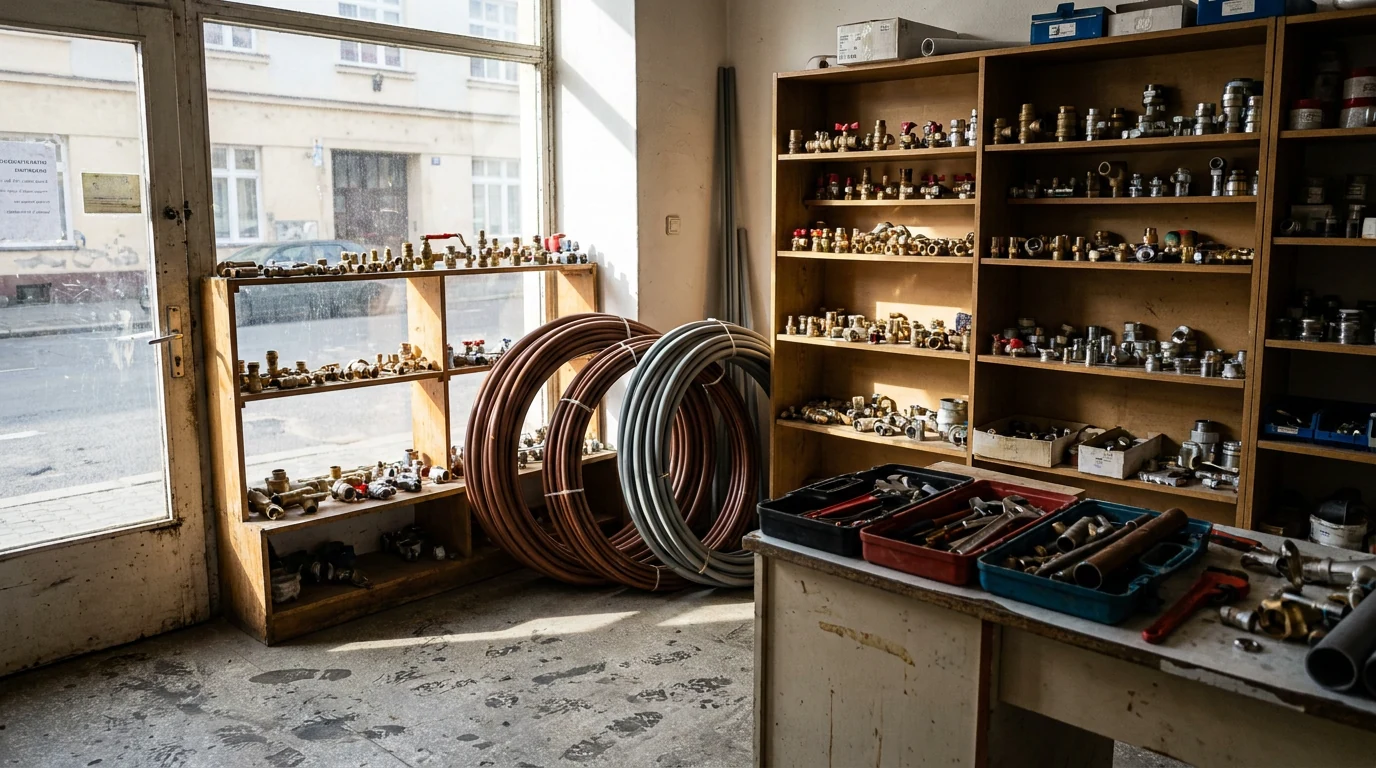 Regály s instalatérským materiálem, fitinky a měděné trubky